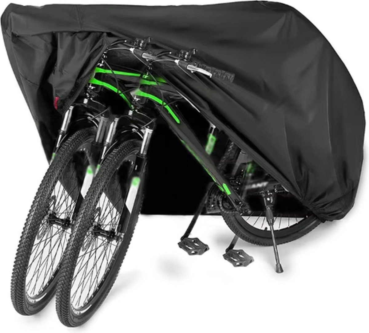 Rieba® Fietshoes Universeel voor 1 of 2 Fietsen – 208 x 76 x 112cm – Beschermhoes Regenhoes Waterdicht - Universele Fietsbeschermhoes - Elektrische fiets – Stadsfiets - Mountainbike – Voor Stalling en Fietsendrager – Met Opbergzak – Polyester - Zwart