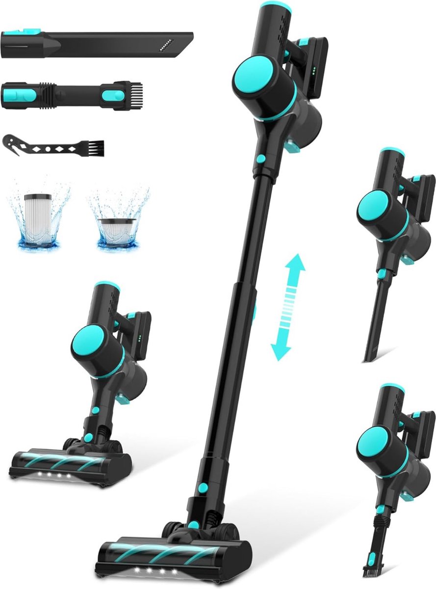 DailySupplies® Steelstofzuiger Draadloos - Stofzuiger zonder zak op accu - Inclusief Opzetstukken - Zwart met Turquoise