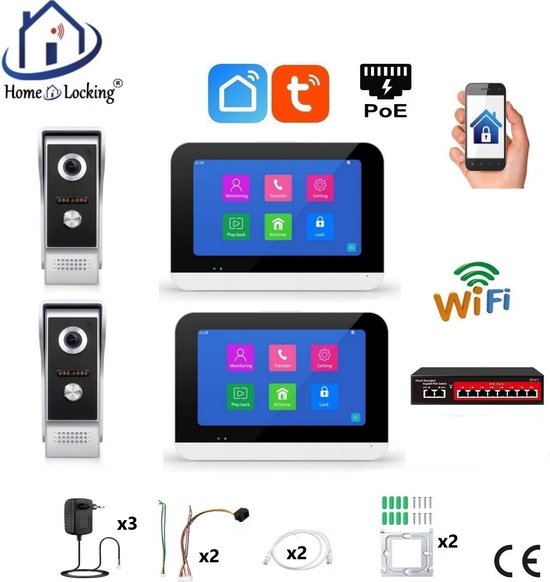 Smart WIFI deur intercom/videofoon 2 videodeurbellen en 2 touchscreens. T-2301-2-2