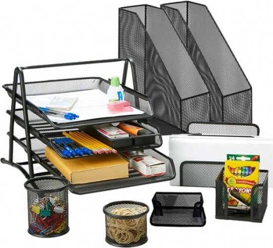 SUMOH® Ensemble d'organisateurs de bureau 8 pièces – Plateau à crayons – Maille métallique – Bac à courrier – Porte-trombones Memobox Porte-lettres – Zwart