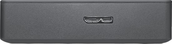 Zijaanzicht van een grijze Seagate externe harde schijf, met een USB-poort.