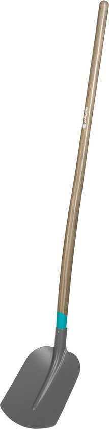Grijze schep met een lang houten handvat en turquoise accent, op een witte achtergrond.
