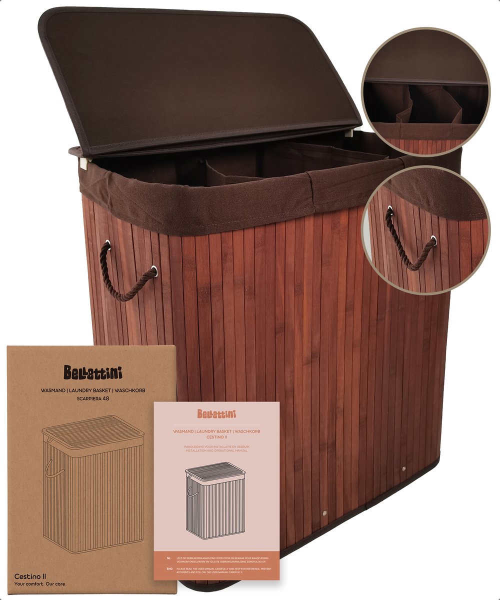 Goedkoopste Bellettini® Bamboe Wasmand met Deksel - 3 Compartimenten Wassorteerder - 155 Liter - Bruin
