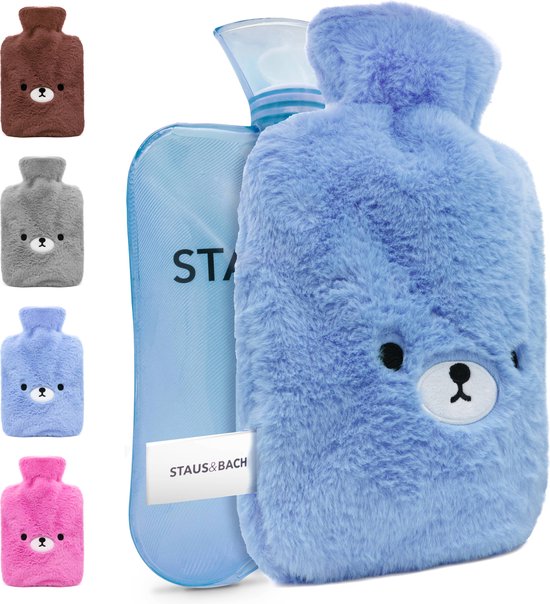 STAUS&BACH FuzzyBear - Pichet (2 litres) avec couvercle - Bouillotte chauffe jusqu'à 6 heures - Bouillotte pour enfant animal en peluche (polaire) - Bleu clair