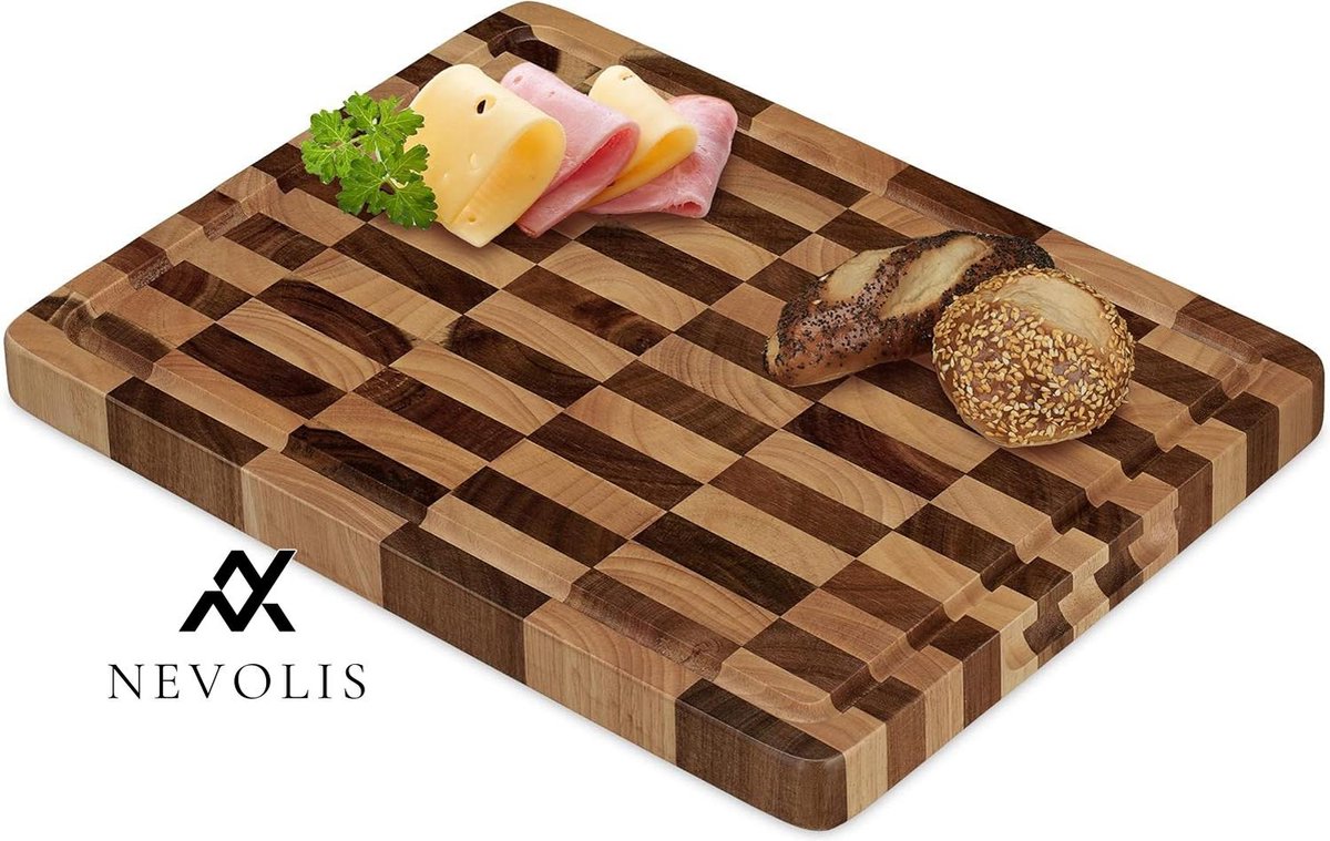 Nevolis houten snijplank 40 x 30 cm acacia massief voor groente vlees kaas hakblok met sapgeul bruin .