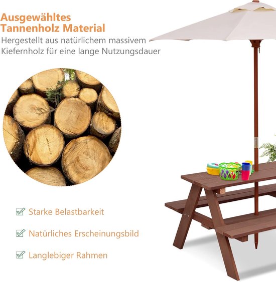 Picknicktafel voor 4 kinderen met parasolgat rond vurenhout Picknicktafel voor 4 kinderen met parasolgat rond vurenhout