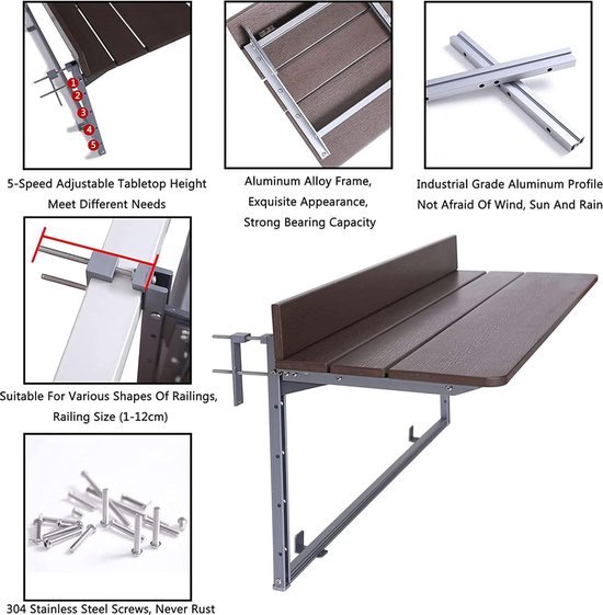 GOPLUS Balkontafel, hangend, 60,5 x 40,5 cm, balkonhangtafel