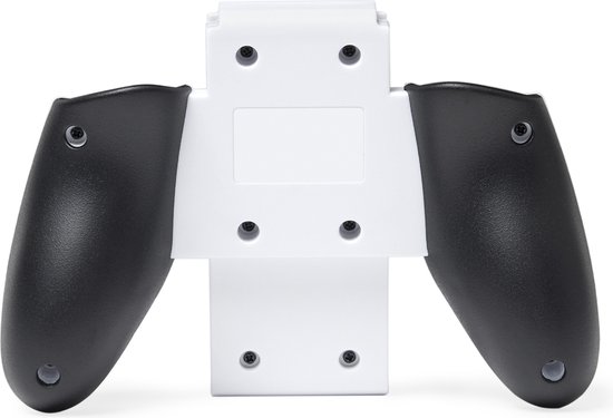 Achterkant van de witte Nintendo Switch Joy-Con Comfort Grip met zwarte handvatten.
