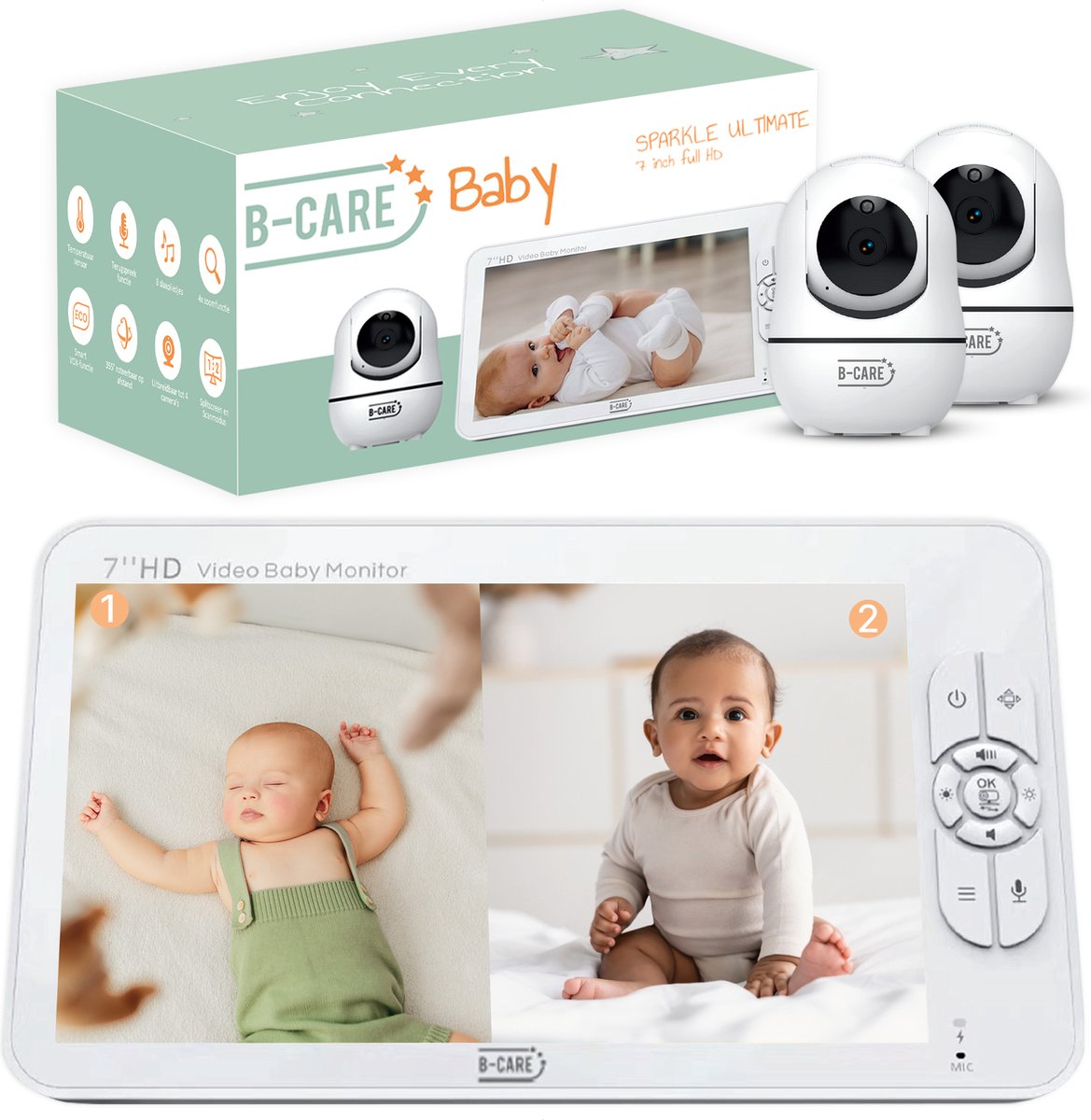 Afbeelding 2 van B-Care Sparkle Ultimate - Babyfoon Met 2 Camera´s - 7.0 Inch HD Baby Monitor - Split Screen - Zonder Wifi en App