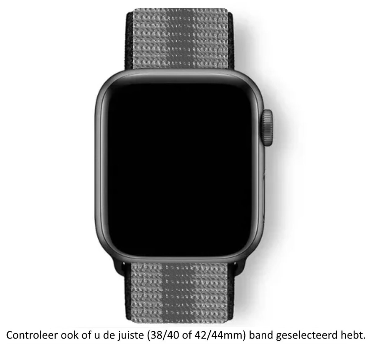 Nylon Horlogebandje Zwart Grijs geschikt voor Apple Watch 1, 2, 3, 4, 5, 6, 7, 8, 9, SE, 38mm, 40mm 41mm "Vrouwenbreedte" Series - Maat: zie maatfoto - Zacht Geweven Nylon - 38 mm, 40 mm en 41 mm