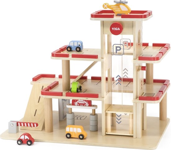Vigatoys - Houten - Speelgoedgarage - Groot - Inclusief 4 auto's en Helicopter