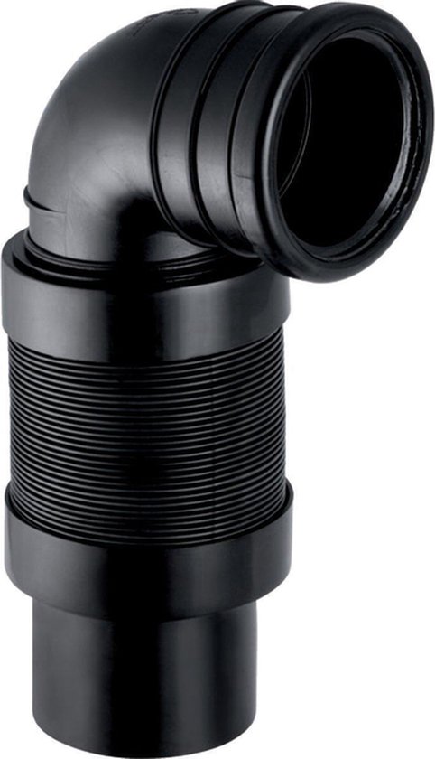 Zwarte Geberit Duofix aansluitbocht met flexibel 90mm aansluitstuk.