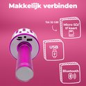 Roze microfoon met knoppen en poorten, met tekst 'Makkelijk verbinden' en icoontjes voor Micro SD, USB en Bluetooth.