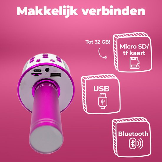 Roze microfoon met knoppen en poorten, met tekst 'Makkelijk verbinden' en icoontjes voor Micro SD, USB en Bluetooth.