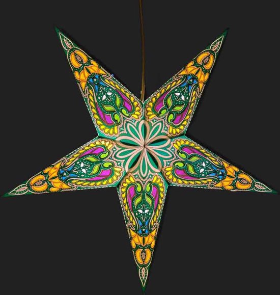 MoreThanHip - Kerstster papier met verlichting - 60 cm diameter, 24 cm diep – Kerst ster voor binnen – Ganesha Groen Multicolour – Incl. 3 m. snoer met stekker, schakelaar en E14-fitting – Kerst Raam decoratie – Kerstversiering – Kerstverlichting