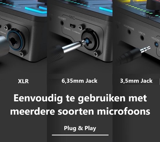 Aansluitingen van de Fifine mixer: XLR, 6,35mm Jack en 3,5mm Jack. Plug & Play.