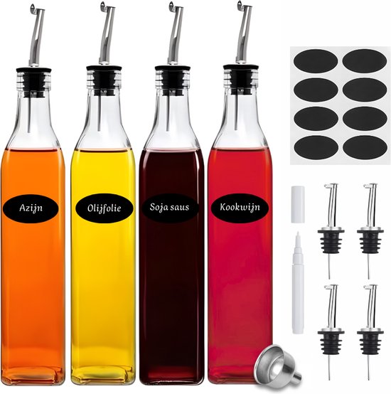 Bouteilles d'huile Five Stars® - Set de 4 pièces - 500 ML - Avec bec verseur en acier inoxydable, entonnoir, Autocollants et stylo - Ensemble d'huile et de vinaigre - Bouteille d'huile en Verres - Bouteille d'huile d'olive