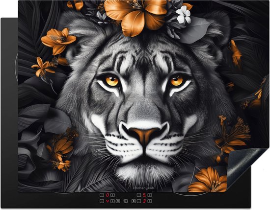 KitchenYeah® Protection plaque induction 80x55 cm - Lion - Noir et blanc - Or - Fleurs - Protege plaque de cuisson - Couvre plaque induction - Protecteur d'induction - Cuisine
