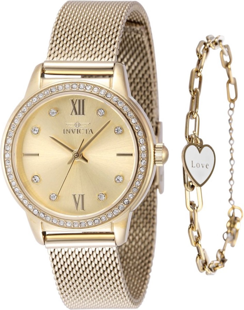 Invicta Angel 48253 Dames Horloge - Waterdicht - Analoog - Quartz Uurwerk - Roestvrij Staal met gouden Wijzerplaat - 30mm