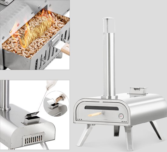 RVS pizzaoven met ingevoegde pellettenschep en luchtinlaatregelaar, naast gedetailleerde afbeeldingen.