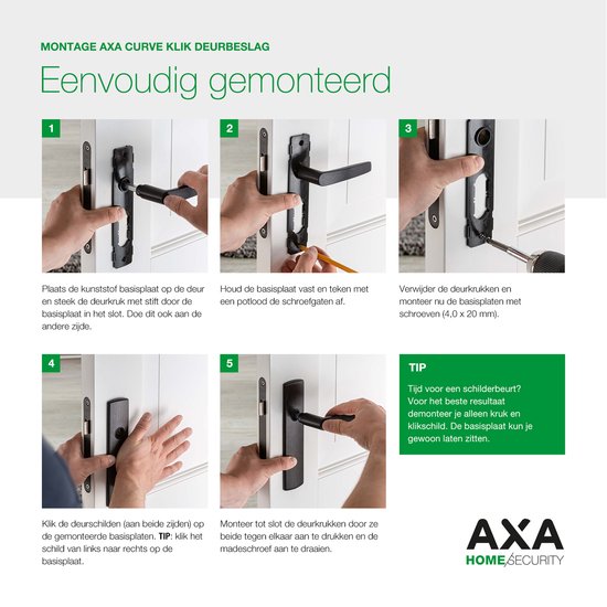 Stapsgewijze montagehandleiding voor AXA deurkrukken.