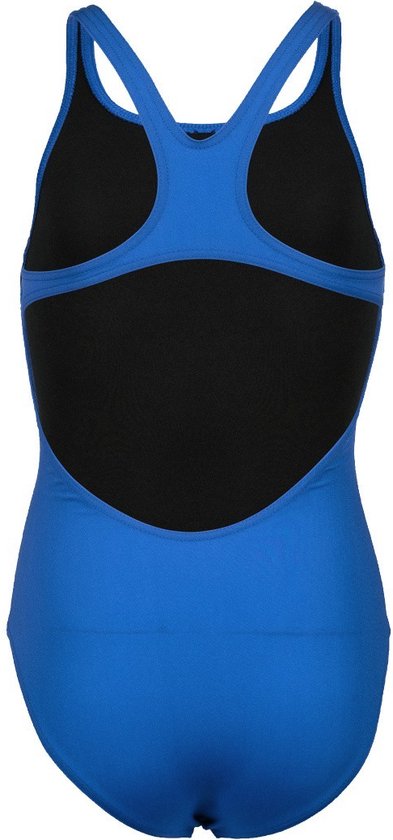 Blauw zwempak met grote zwarte mesh openingen op de rug.