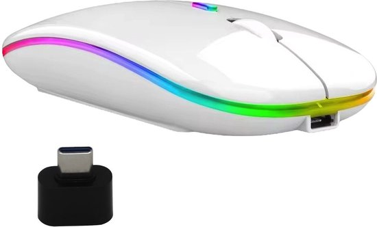Draadloze LED Bluetooth Muis - Ergonomisch - RGB - Laptop en Gaming - Draadloos - Wit - Met USB-C hub