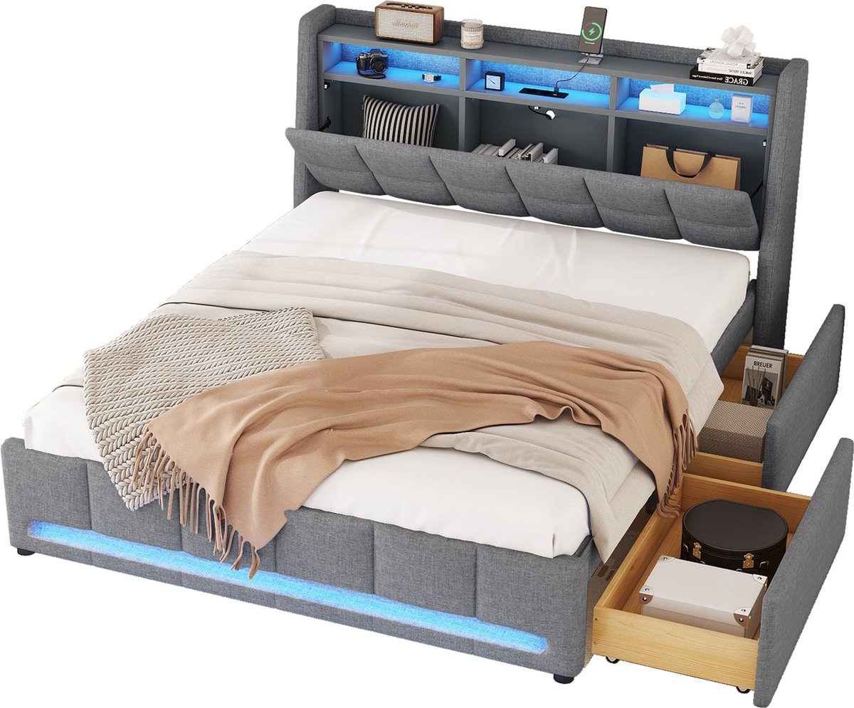 Merax Tweepersoonsbed 140x200 cm met LED Verlichting en USB-oplaadpoort - Gestoffeerd Bed met Lades - Grijs Linnen