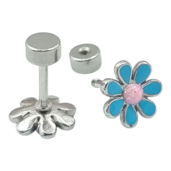 Boucles d'oreilles enfant - Boucles d'oreilles clous fleur bleue - Acier premium hypoallergénique - Ø 8 mm