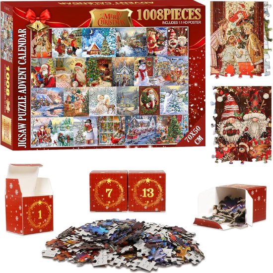 Rode adventskalender met 1008-delige kerstpuzzel, bevat kleine genummerde doosjes en een poster.
