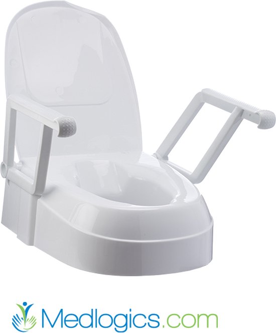 Witte toiletverhoger met deksel en armleuningen, deksel open.