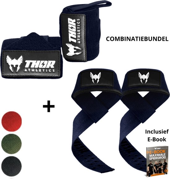 Combinatiebundel met donkerblauwe Thor Athletics polsbanden, lifting straps, rode, groene en zwarte cirkels, en een e-book.