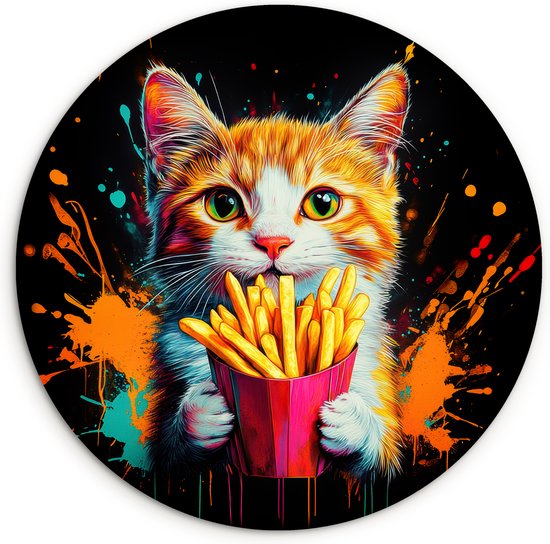 WallCircle® Wandcirkel 150x150 cm - Muurcirkel Kat - Eten - Patat - Graffiti - Abstract - Muurdecoratie woonkamer - Wanddecoratie slaapkamer - Kamer decoratie accessoires - Ronde schilderijen