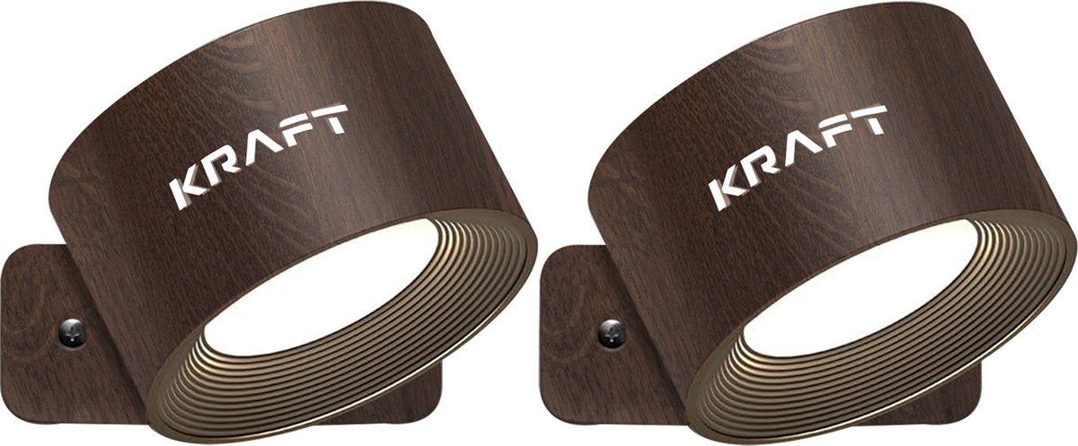 KRAFT Wandlamp Oplaadbaar - Wandlampen Binnen - Eikenhout Kleur - 2 Stuks