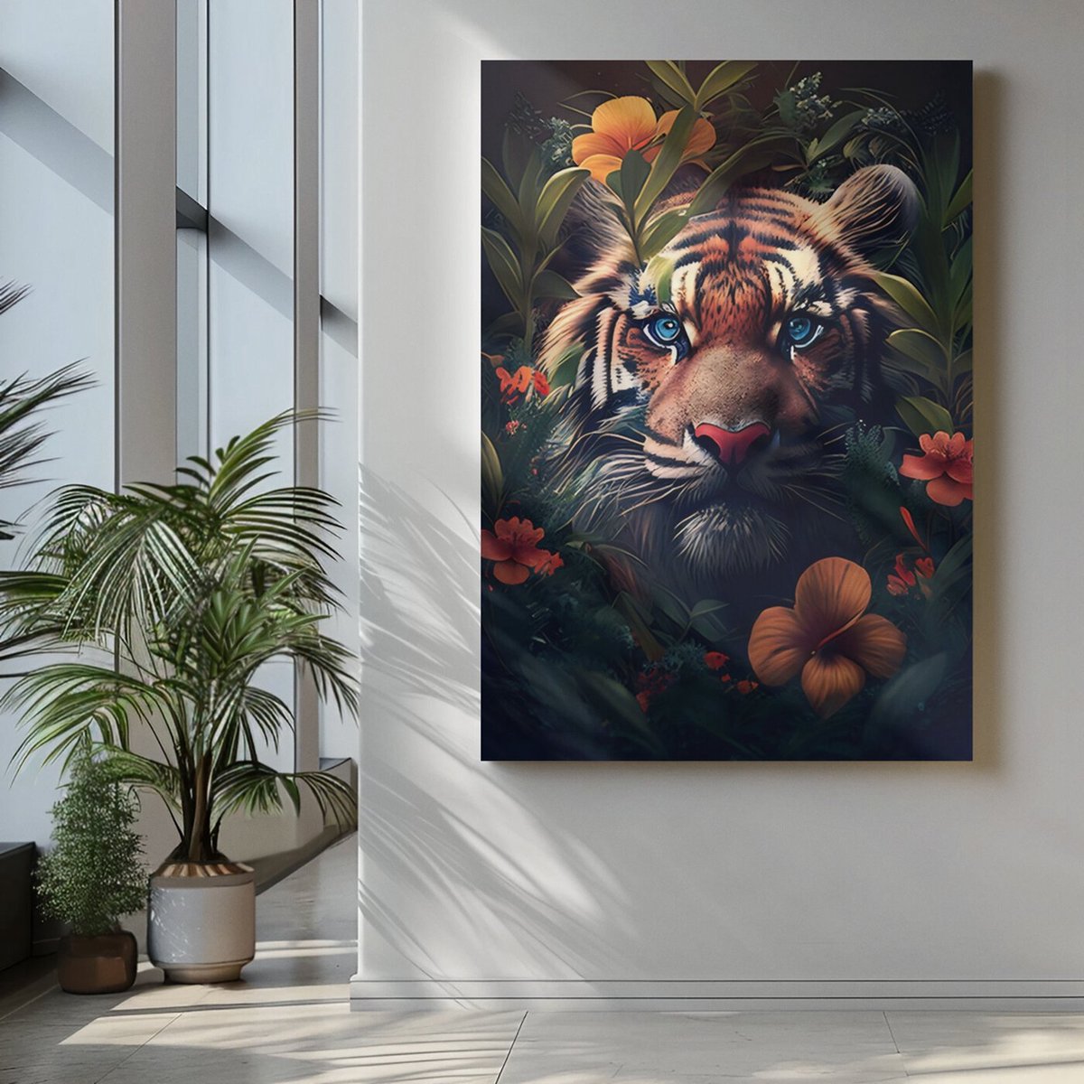 Trendex Global Canvas Schilderij - Dieren - Tijger Tussen Bloemen - 120x80x2 cm Kleurrijk