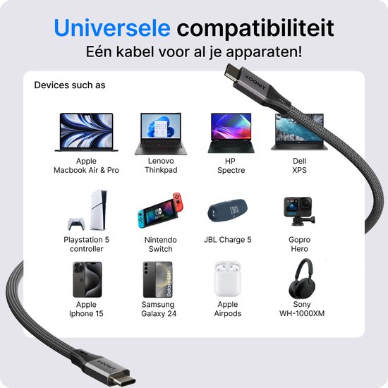 Voomy USB C Kabel 240W - USB C naar USB C - 2 Meter - 480 Mbps - Oplaadkabel Snellader - Geschikt voor Smartphone, Laptop & Tablet - Gevlochten kabel