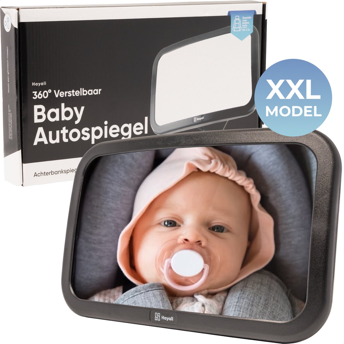 HAYALI® Autospiegel baby - XXL 360° Draaibare Achterbank Spiegel voor Auto -19x30 cm- Zwart