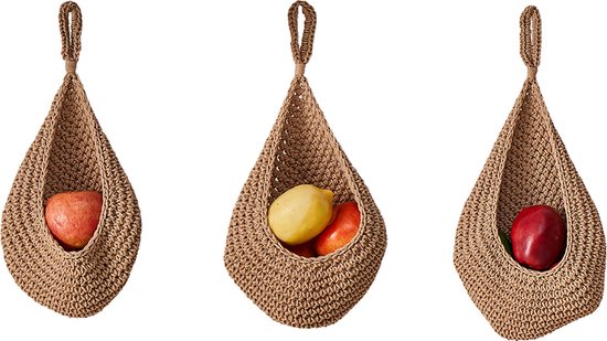 Hanging Wall Basket Teardrop Hanging Baskets Onion Basket Coat Bohemian Storage Fruit Wall Hooks for Kitchen Wall Home Restaurant Storage Vegetable, 3 Sizes(Linen)