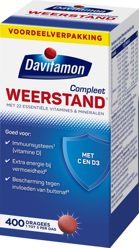 Voordeelverpakking Davitamon Compleet Weerstand 400 dragees. Met 22 vitamines & mineralen, goed voor immuunsysteem, energie en bescherming.