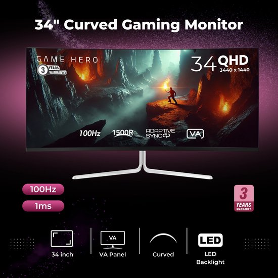 Game Hero Gaming Monitor Wit - 34 inch Ultrawide Curved 100Hz QHD | bol