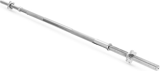 Zilverkleurige halterstang met geribbelde grip en stersluitingen.