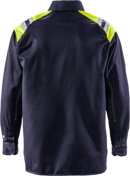 Donkerblauw werkshirt met fluorescerend geel en reflecterende details op de schouders en rug.