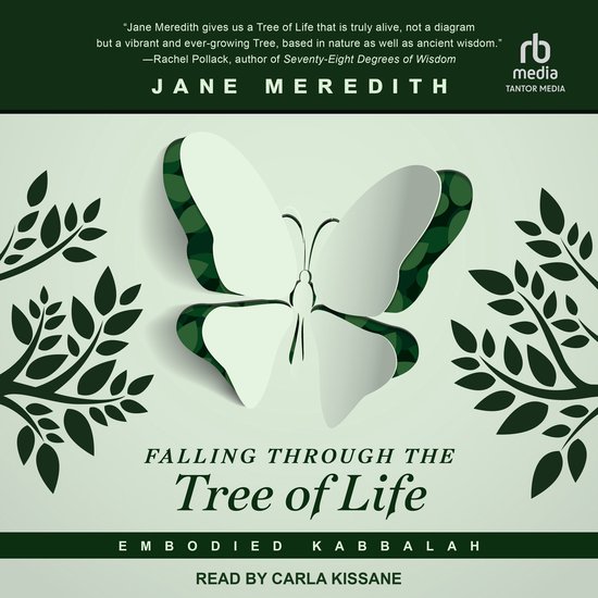 Boekomslag: Falling Through the Tree of Life door Jane Meredith met een gestileerde witte vlinder en groene bladeren.
