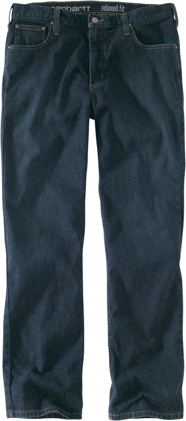 Gedetailleerde voorkant van een donker denim spijkerbroek met Carhartt-label.