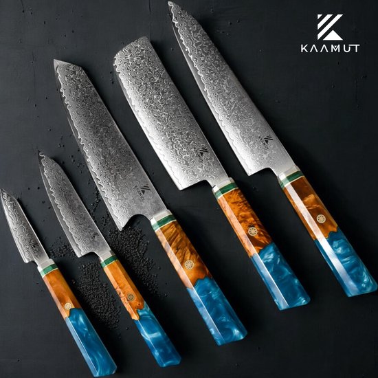 Couteau de chef japonais professionnel Kiritsuke Kaamut® - 20 cm - Acier Damas 67 couches, tranchant comme un rasoir et durable - Manche en époxy bleu saphir et chêne - Coffret cadeau de Luxe