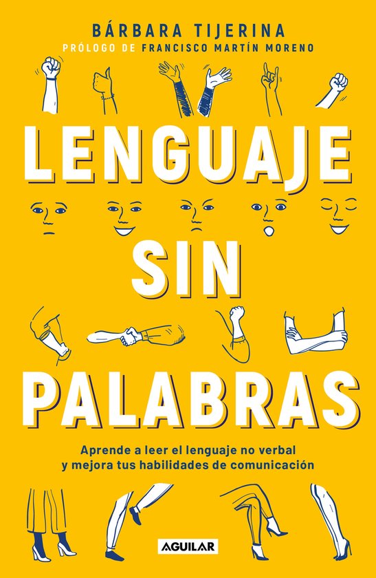Boekomslag met gele achtergrond en de titel 'LENGUAJE SIN PALABRAS' in witte letters. Iconen van handen, gezichten en benen.