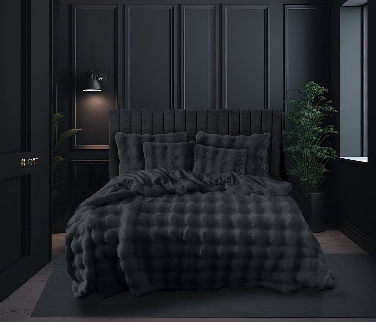 Eleganzzz Dekbedovertrek Bubble Pom Pom Rabbit Fur - Dark Grey - Teddy Pluche - Dekbedovertrek 200x200/220cm - Teddy Dekbedovertrek - Fluffy Dekbedovertrek - 200x220cm - Tweepersoons dekbedovertrekken - Effen Dekbedovertrek