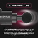 Close-up van een zwart Northwall massagepistool met een ronde opzetkop, met 10 mm amplitude voor diepe spierdoorringing.