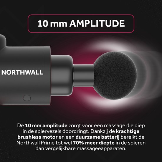 Close-up van een zwart Northwall massagepistool met een ronde opzetkop, met 10 mm amplitude voor diepe spierdoorringing.