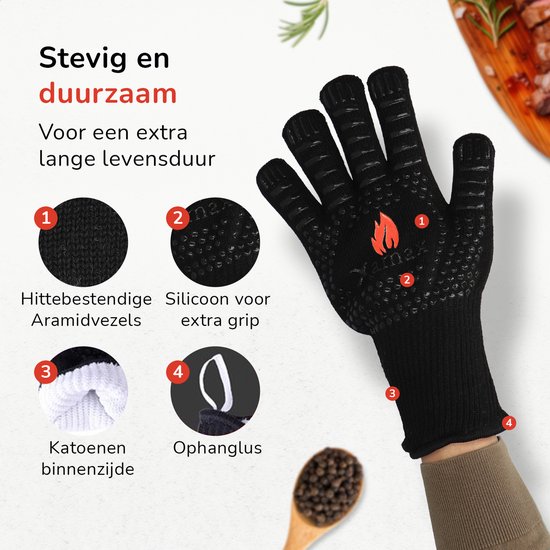 Zwarte handschoenen met hittebestendige aramidevezels, siliconen grip en katoenen voering.